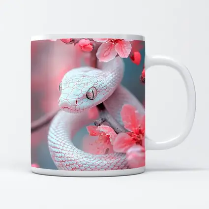 White Snake Coiled Among Pink Cherry Blossoms