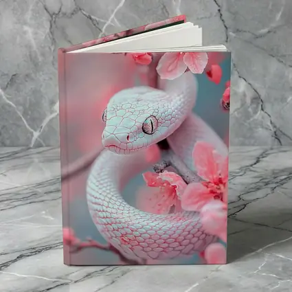 White Snake Coiled Among Pink Cherry Blossoms
