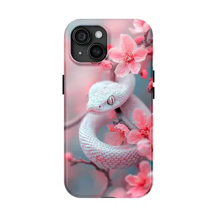White Snake Coiled Among Pink Cherry Blossoms