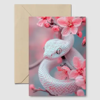 White Snake Coiled Among Pink Cherry Blossoms