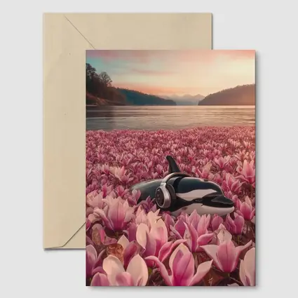 Orca Whale With Headphones Pink Magnolia Field