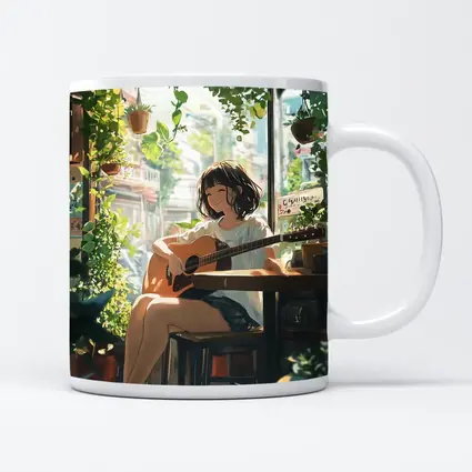 Anime Girl Playing Guitar Cozy Cafe