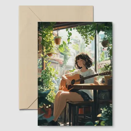 Anime Girl Playing Guitar Cozy Cafe