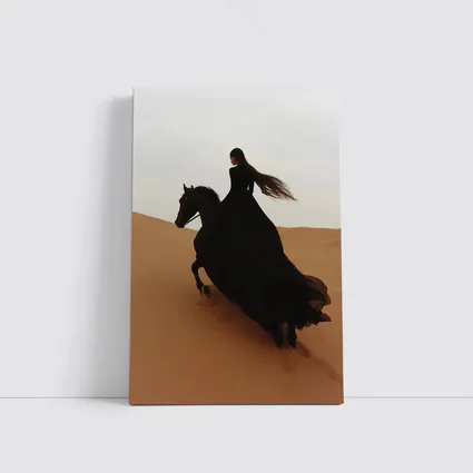 Woman Riding Black Horse Desert Dunes