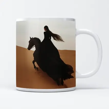 Woman Riding Black Horse Desert Dunes