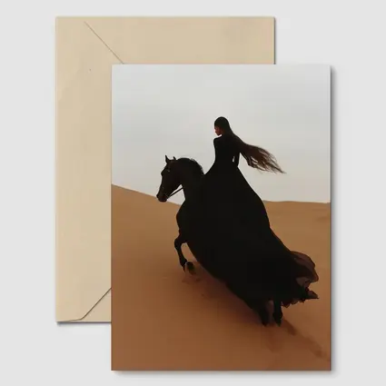Woman Riding Black Horse Desert Dunes