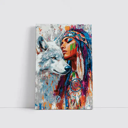 Native Woman White Wolf Colorful Art
