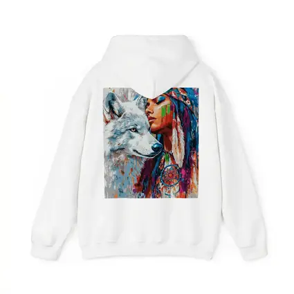 Native Woman White Wolf Colorful Art