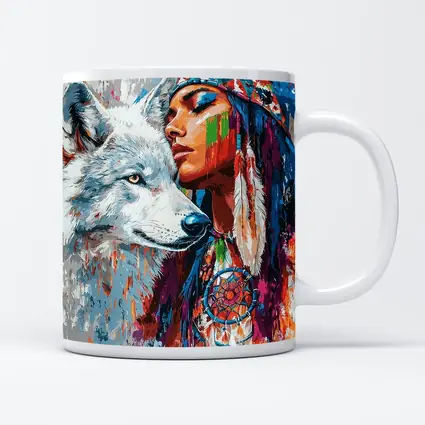 Native Woman White Wolf Colorful Art