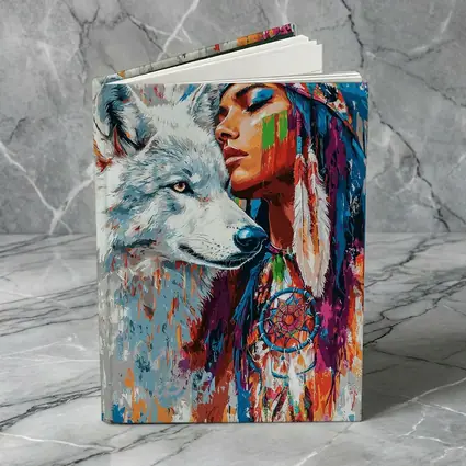 Native Woman White Wolf Colorful Art