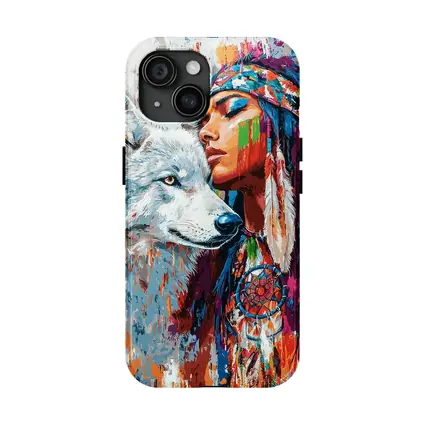 Native Woman White Wolf Colorful Art