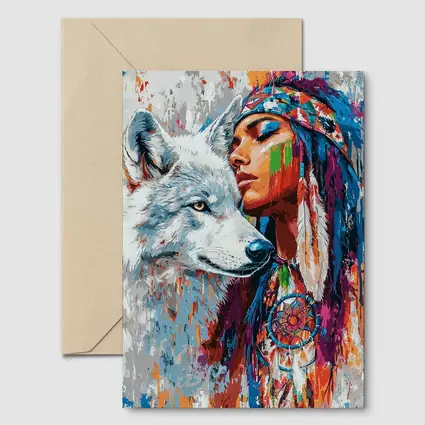 Native Woman White Wolf Colorful Art