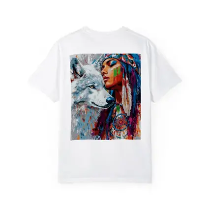 Native Woman White Wolf Colorful Art