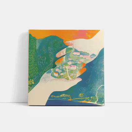 Hands Cradling Small Village Illustration Art