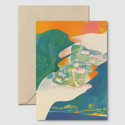 Hands Cradling Small Village Illustration Art
