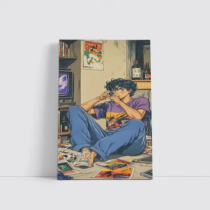 Anime Boy Relaxing in Messy Retro Room