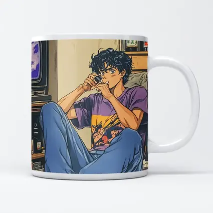 Anime Boy Relaxing in Messy Retro Room