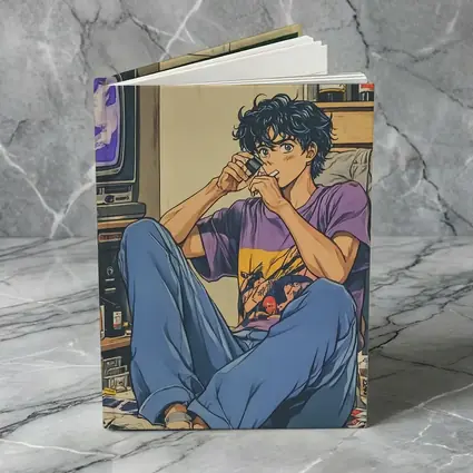 Anime Boy Relaxing in Messy Retro Room
