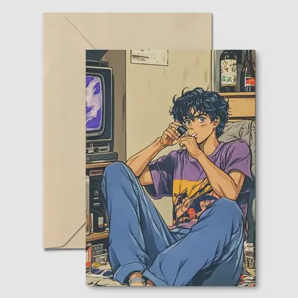 Anime Boy Relaxing in Messy Retro Room
