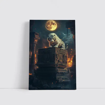 White Tiger Perched on Ancient Ruins Moonlight
