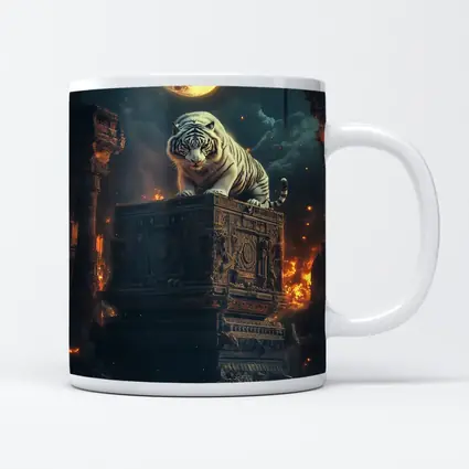 White Tiger Perched on Ancient Ruins Moonlight