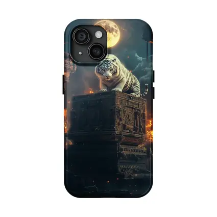 White Tiger Perched on Ancient Ruins Moonlight
