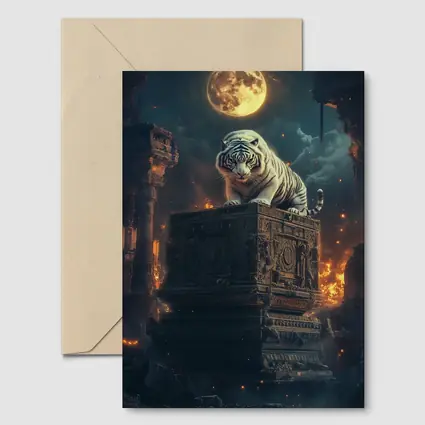 White Tiger Perched on Ancient Ruins Moonlight