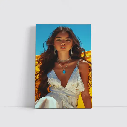 Young Woman White Dress Yellow Blue Background