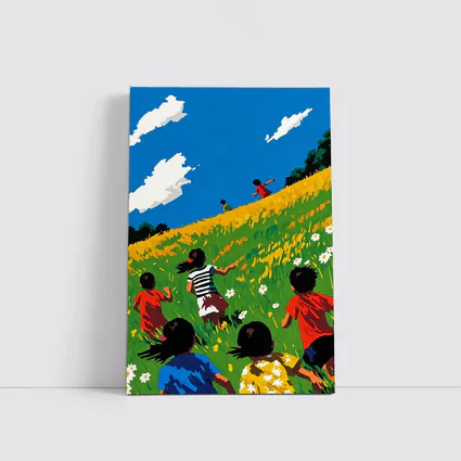 Children Running Through Sunny Wildflower Field