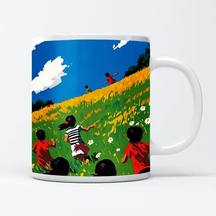 Children Running Through Sunny Wildflower Field