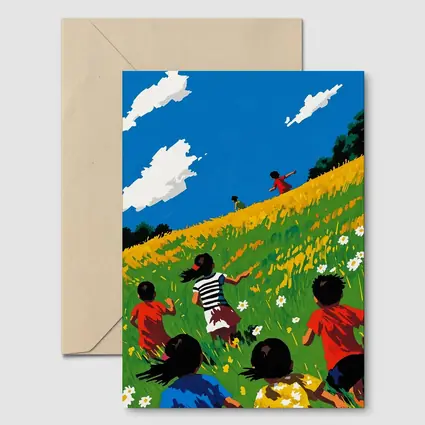 Children Running Through Sunny Wildflower Field