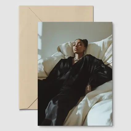 Woman in Black Silk Resting on White Sofa