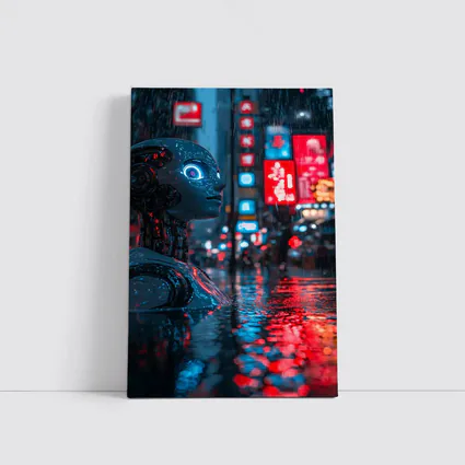 Cyberpunk Robot Rainy Neon City Night