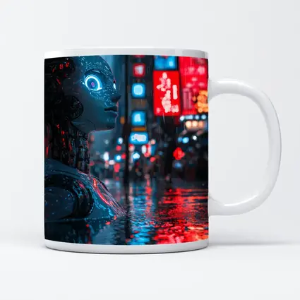 Cyberpunk Robot Rainy Neon City Night