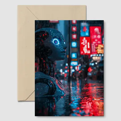 Cyberpunk Robot Rainy Neon City Night