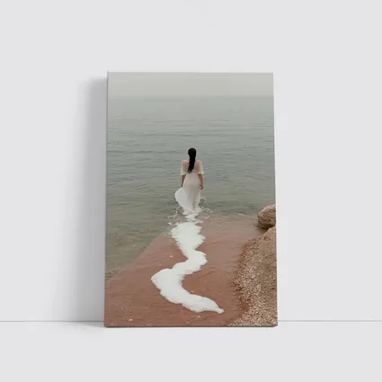 Woman White Dress Walking Into Calm Sea