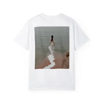 Woman White Dress Walking Into Calm Sea
