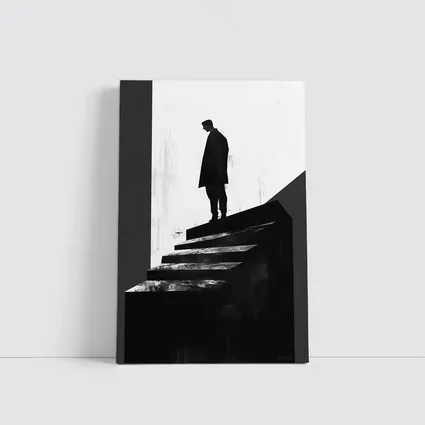 Man Standing Atop Dark Stairs Black White