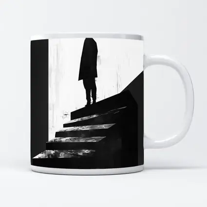Man Standing Atop Dark Stairs Black White