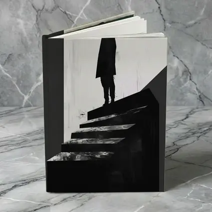 Man Standing Atop Dark Stairs Black White