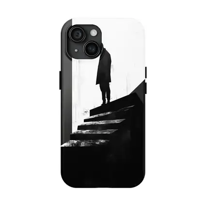 Man Standing Atop Dark Stairs Black White