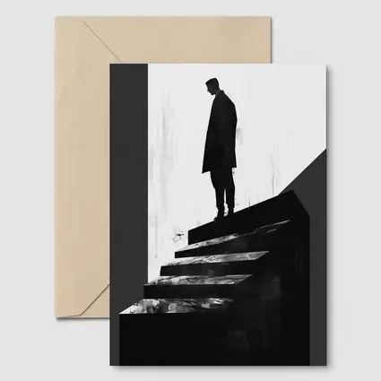 Man Standing Atop Dark Stairs Black White