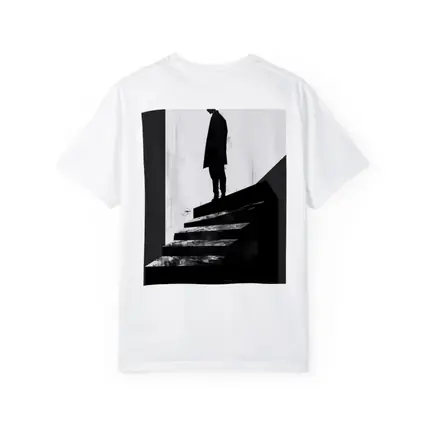 Man Standing Atop Dark Stairs Black White
