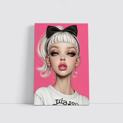 White Hair Girl Black Bow Pink Background