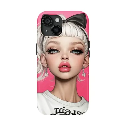 White Hair Girl Black Bow Pink Background