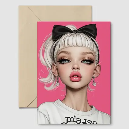 White Hair Girl Black Bow Pink Background