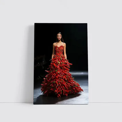Model Wearing Red Chili Pepper Gown Runway