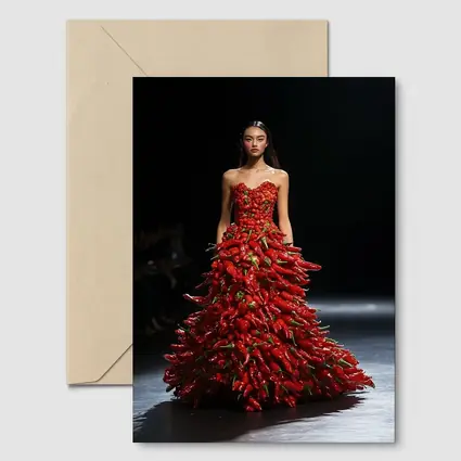 Model Wearing Red Chili Pepper Gown Runway