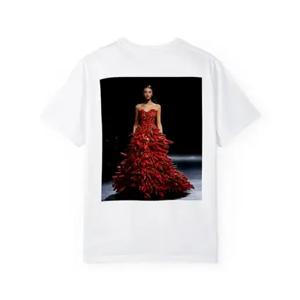 Model Wearing Red Chili Pepper Gown Runway