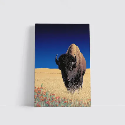 Bison Standing Tall Golden Prairie Blue Sky